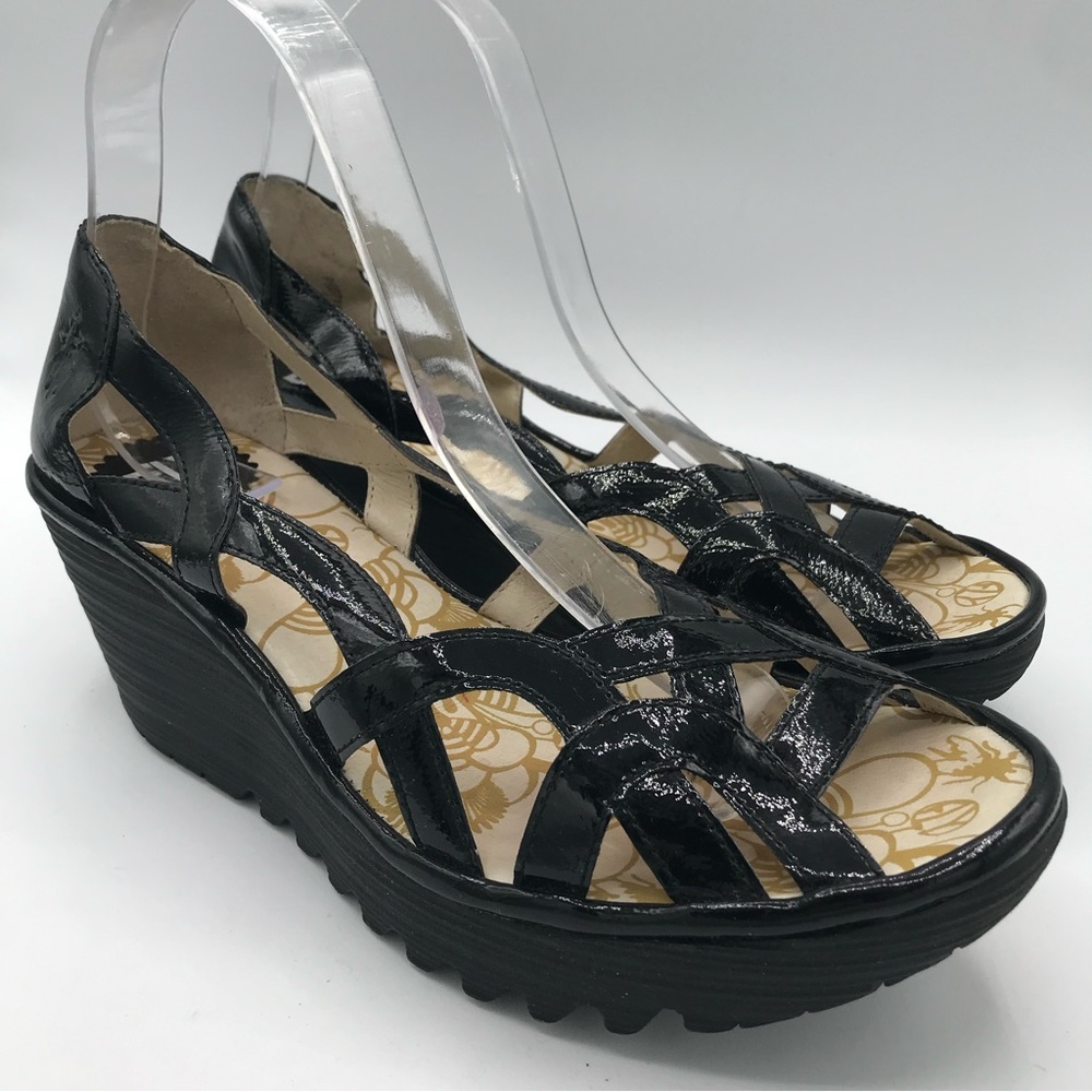Fly London Yadi Interwoven Black Patent Leather  Peep-toe Wedge Sandals. Size 9.